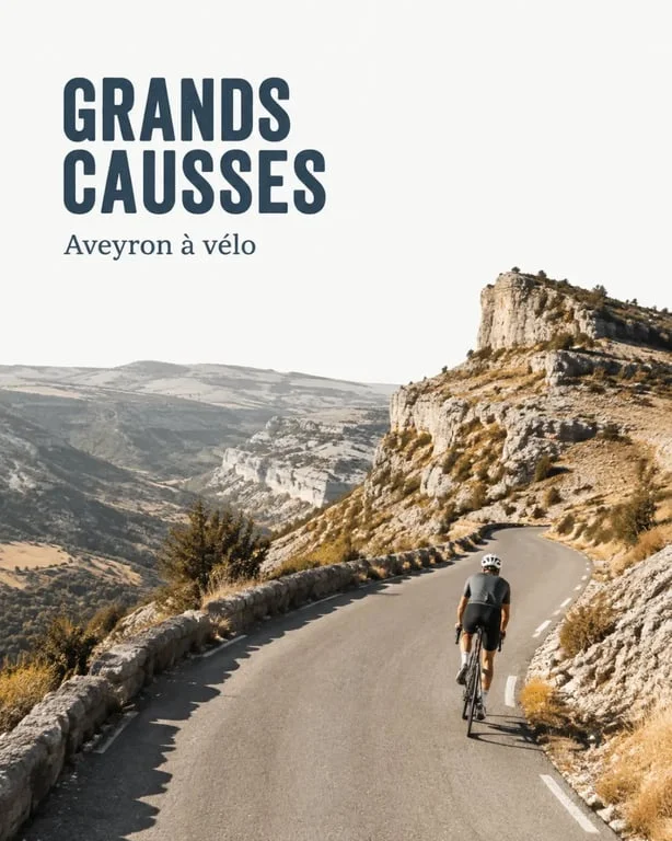 Rando velo aveyron sur une route panoramique des Grands Causses avec cycliste et paysages vallonnés