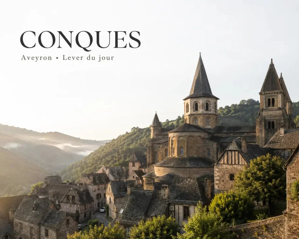 Guide aveyron : le village de Conques et son abbatiale au lever du jour