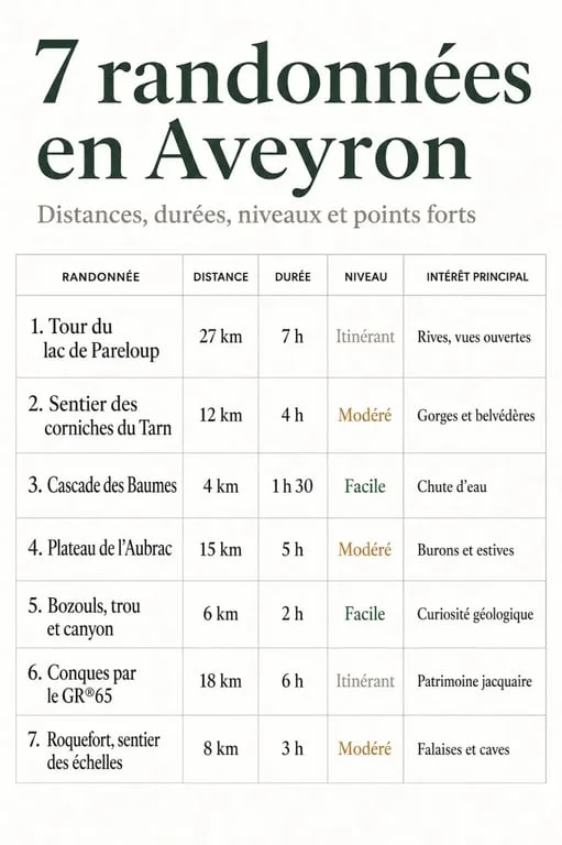 Randonnée aveyron : comparatif visuel des circuits de Bozouls, Najac, Aubrac et du GR 65